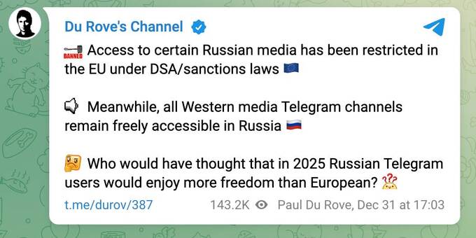 Павел Дуров осудил блокировку российских Telegram-каналов в Евросоюзе ditkiuxiqhrkmp
